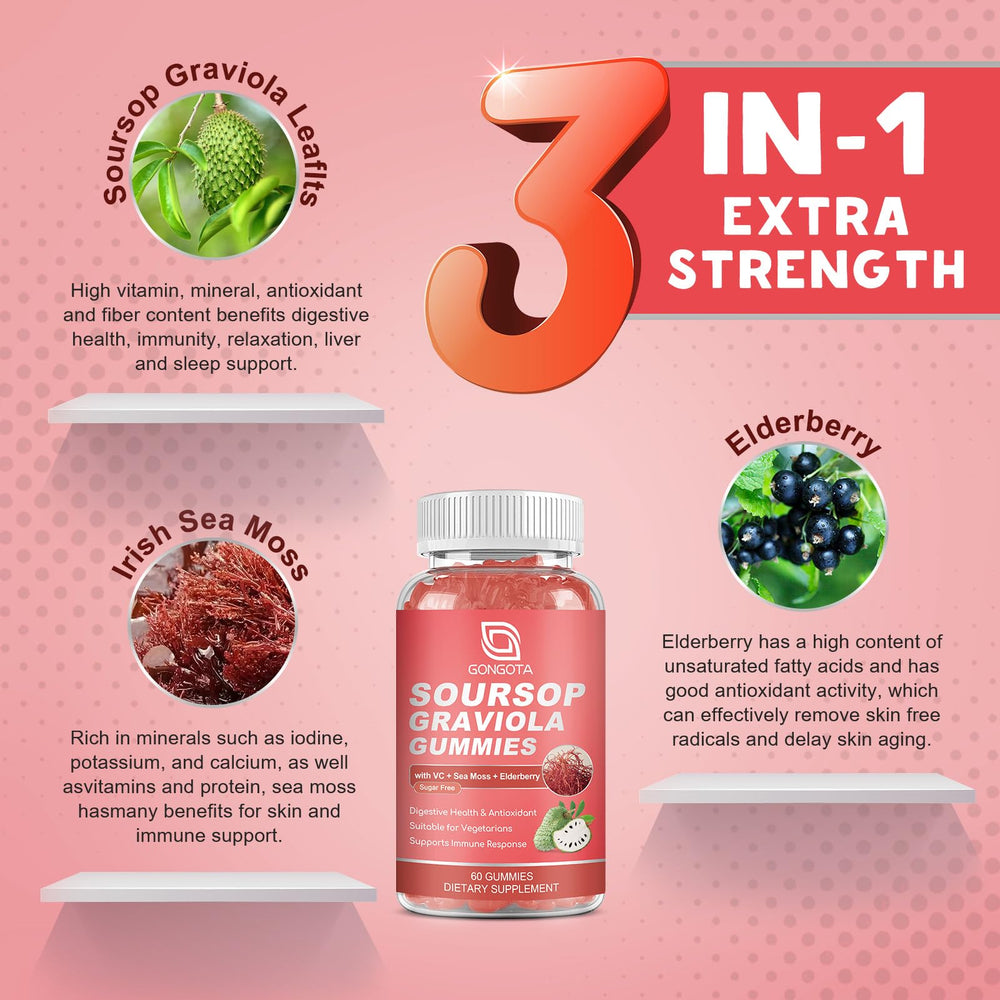 GONGOTA soursop gummies bottle open with two gummies for digestion-friendly serving.