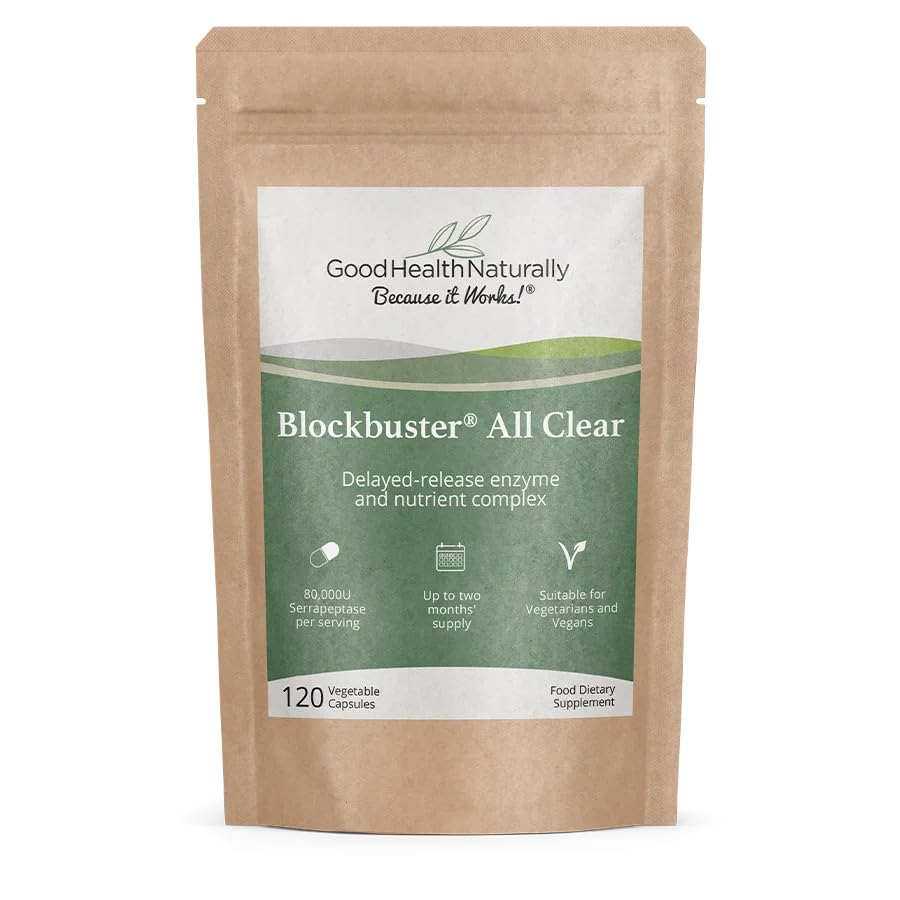 Blockbuster AllClear bottle with delayed-release capsules for steady enzyme delivery