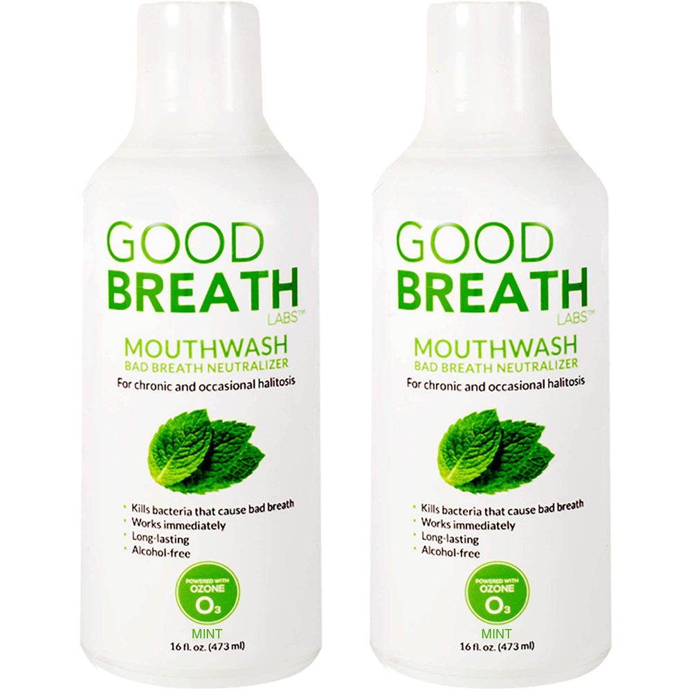 Goodbreath Mouthwash mint bottle; ozone technology for long-lasting fresh breath and gentle mouth care.