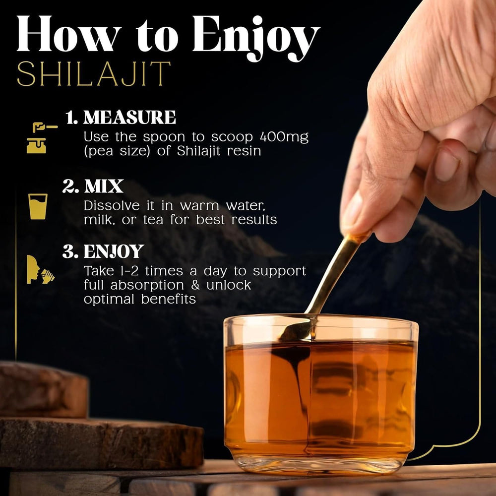 GoodLiving Himalayan Shilajit Resin dissolving in warm water for a smooth drink.