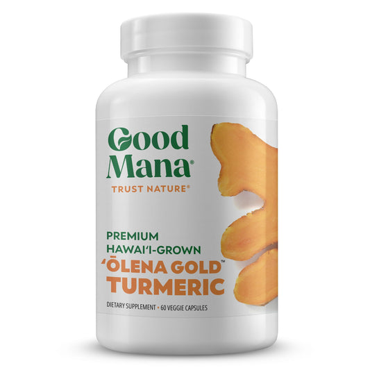 Good Mana Olena Gold turmeric bottle shows Hawaii-grown organic turmeric for daily joint support.