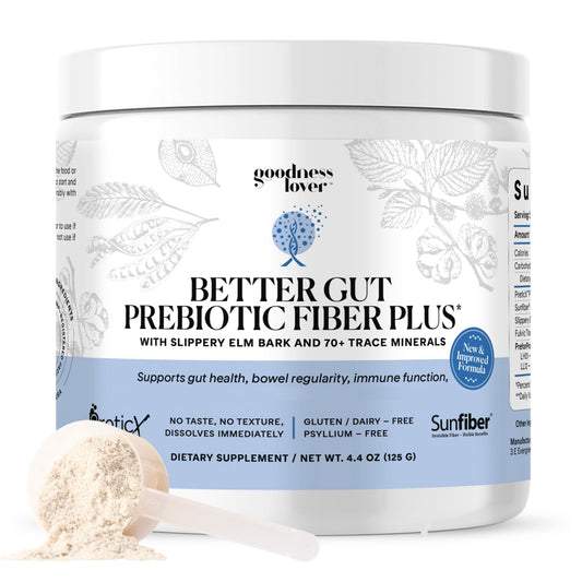 Goodness Lover Better Gut bottle pour demonstrates convenient daily prebiotic use.