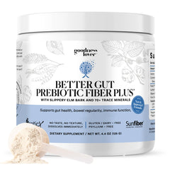 Goodness Lover Better Gut bottle pour demonstrates convenient daily prebiotic use.