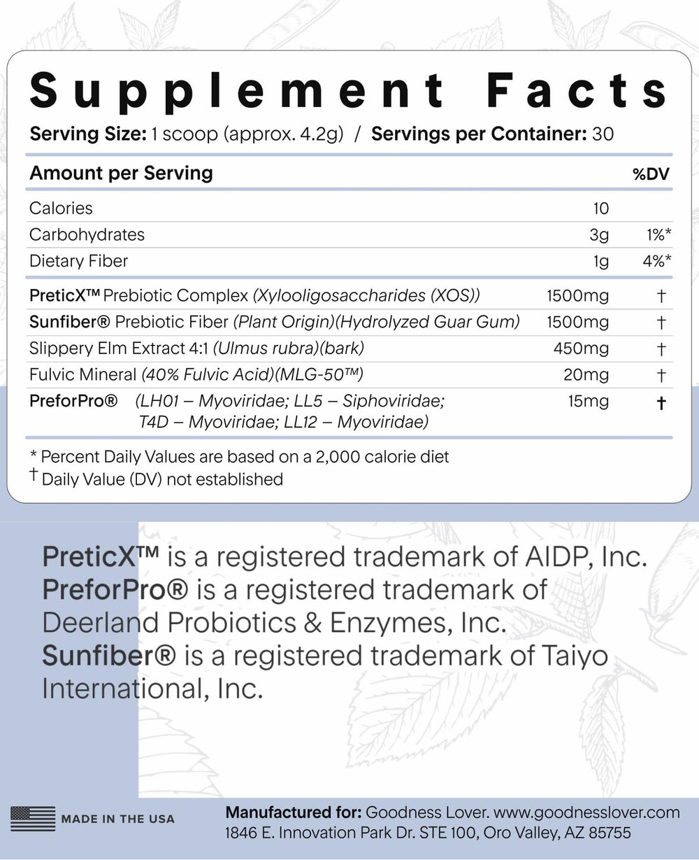Goodness Lover Better Gut no-clump powder mixes easily into a beverage.