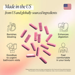 Ingredients panel highlights seven plant-based digestive enzymes and botanicals.