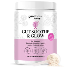 Goodness Lover Gut Soothe & Glow bottle front promoting digestive comfort potential.