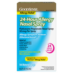GoodSense Fluticasone nasal spray bottle provides 24-hour allergy relief