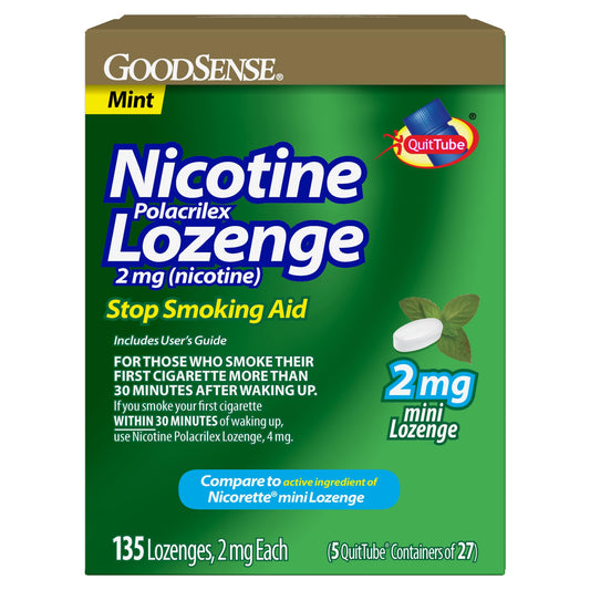 GoodSense mini nicotine lozenge mint packaging shows a 135-count box for quit support
