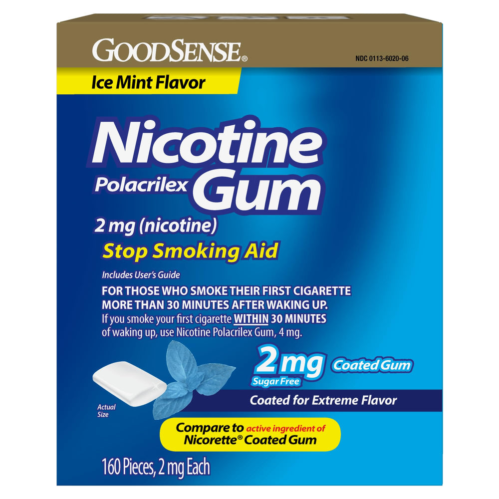 GoodSense Nicotine Gum Ice Mint 160ct pack showing convenient daily gum supply and quit support