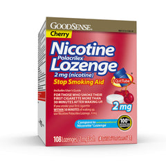GoodSense nicotine lozenge 2 mg cherry packaging image showing convenient 108-count box.