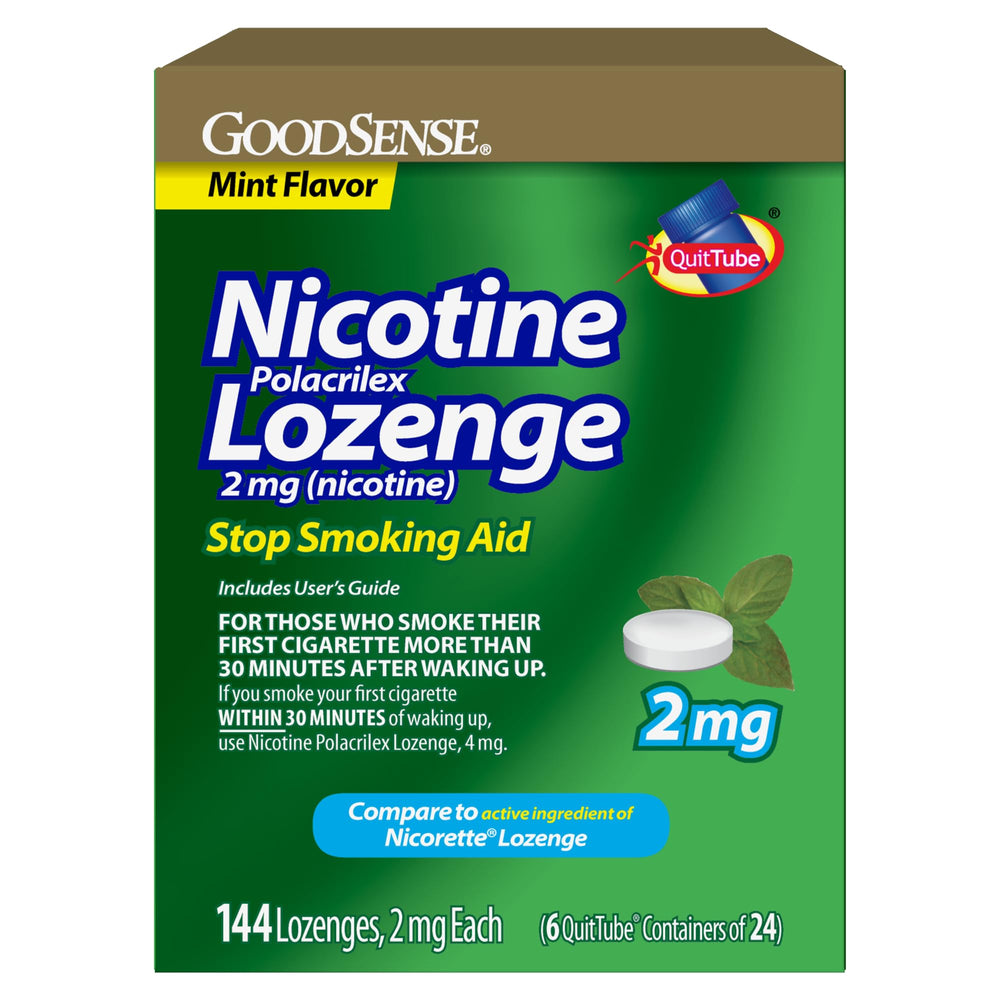 GoodSense nicotine lozenge mint packaging shows the 144 count bottle for daily support.