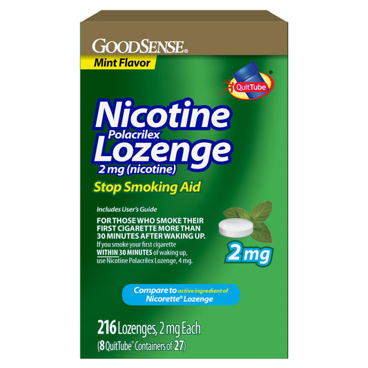 GoodSense nicotine lozenge 2 mg packaging shown for easy grab during cravings.