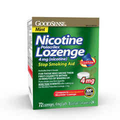 GoodSense mint lozenge package showing 4 mg nicotine replacement for cravings management.