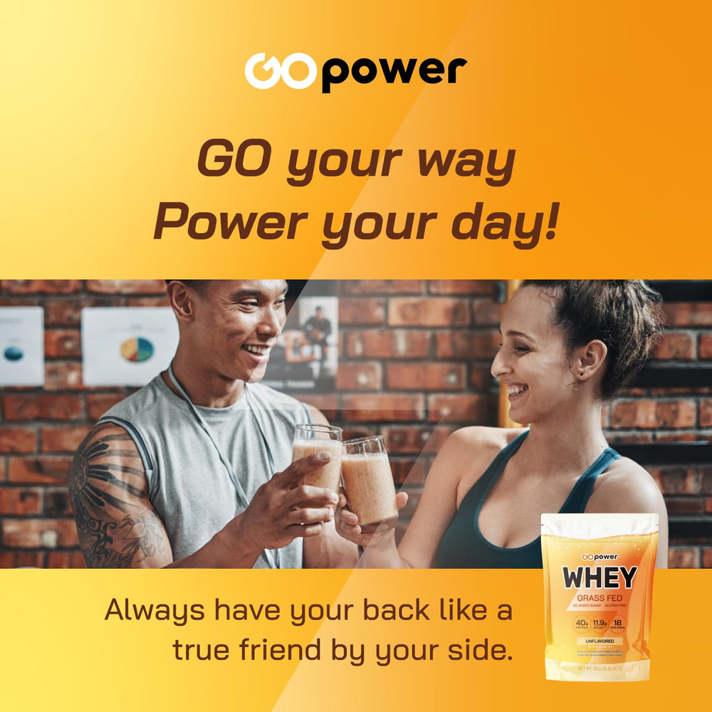 GOPOWER ready-to-make shake glass with powder suggests quick everyday nutrition
