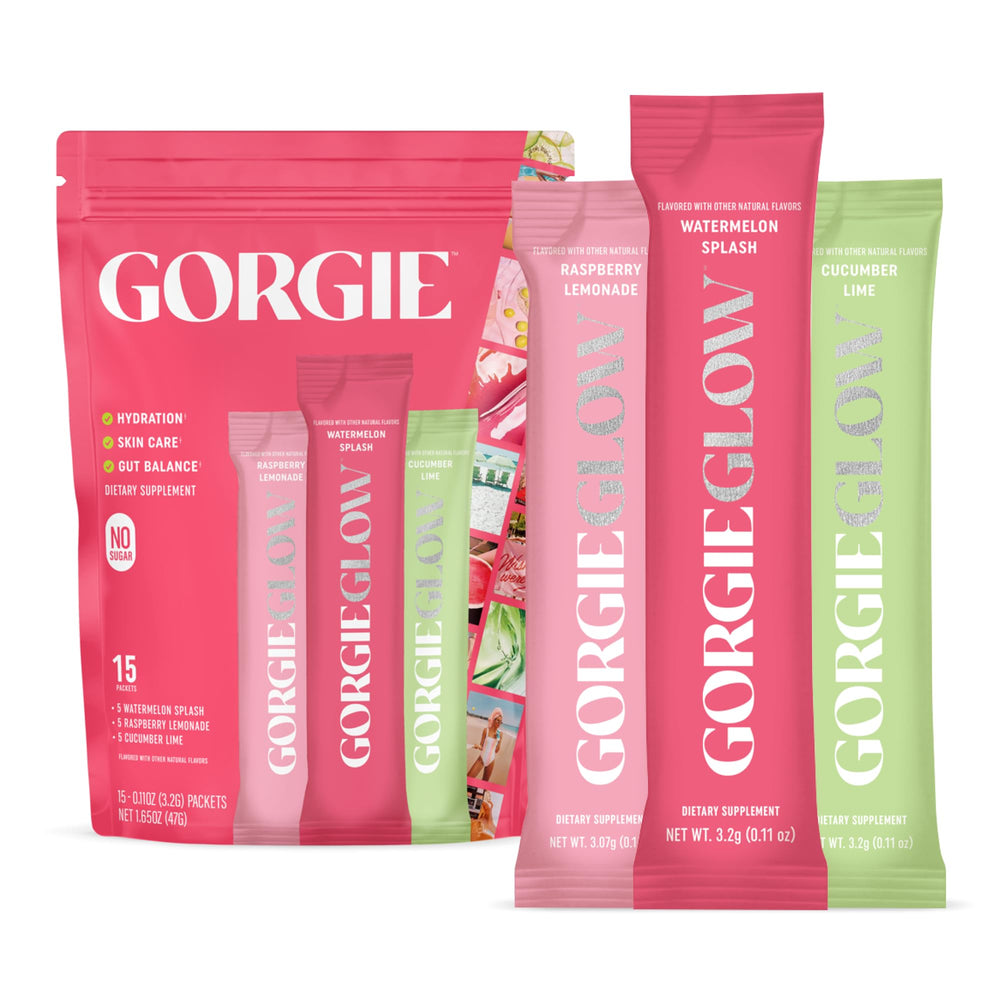 GORGIE Glow variety pack packets ready to mix for on-the-go hydration and beauty benefits.