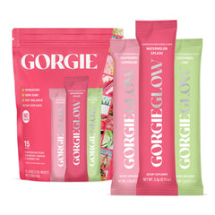 GORGIE Glow variety pack packets ready to mix for on-the-go hydration and beauty benefits.