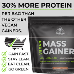 Gorilla Gulps mass gainer shake in glass highlights plant-based protein for muscle support.