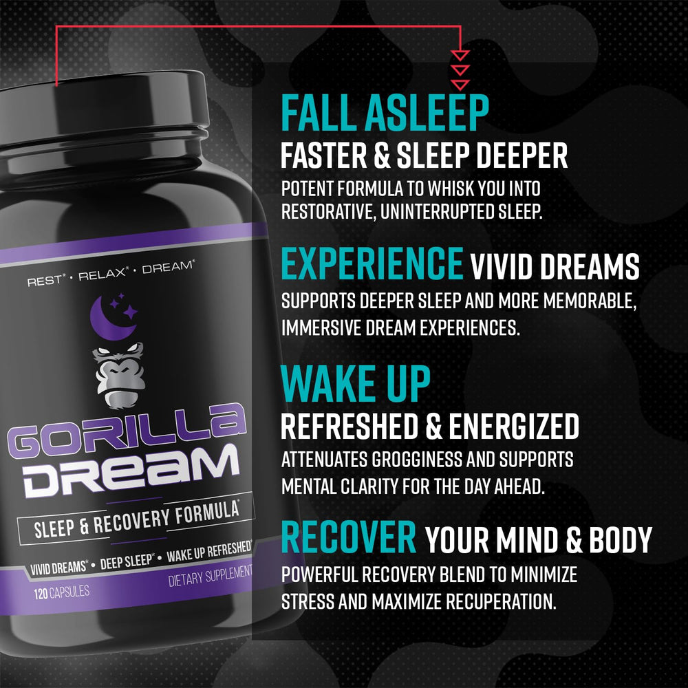Gorilla Mind Dream bottle beside a pillow suggests dream-friendly sleep