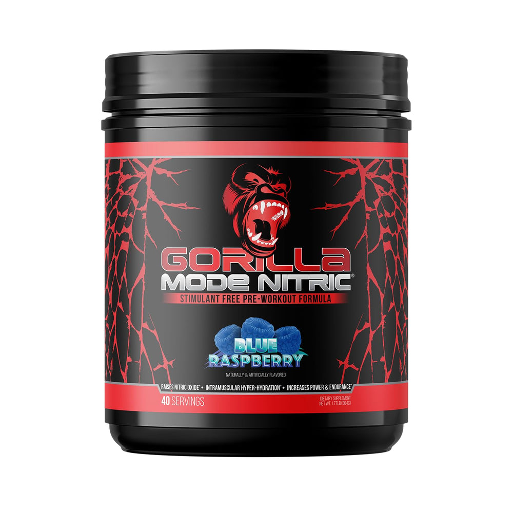 Gorilla Mind Gorilla Mode Nitric Upgraded blue raspberry scoop for a pre-workout boost