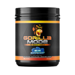 Gorilla Mind Gorilla Mode pre-workout blue raspberry bottle shows energy-boosting formula
