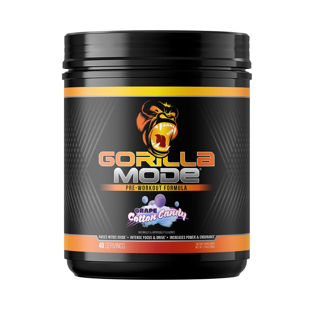 Gorilla Mind Gorilla Mode pre-workout tub front with Cotton Candy Grape flavor boosts energy and focus.