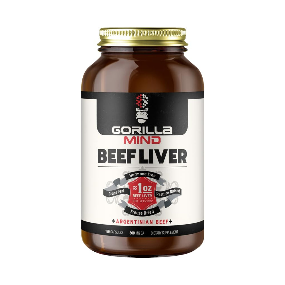 Gorilla Mind beef liver capsules packshot emphasizing grass-fed, hormone-free nutrition.