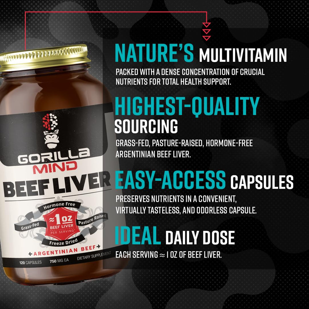 Gorilla Mind pasture-raised beef liver bottle side-view, hormone-free sourcing.