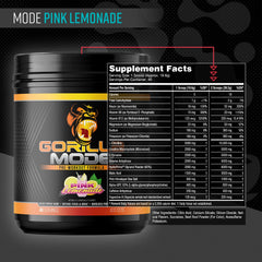 Gorilla Mind Gorilla Mode tub with scoop highlights high-dose formula for energy