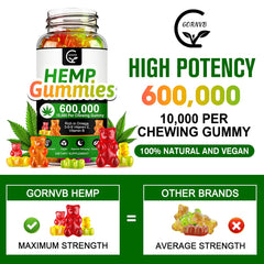 GORNVB hemp gummies bottle beside packaging, vegan and non-GMO formulation for mindful snacking.