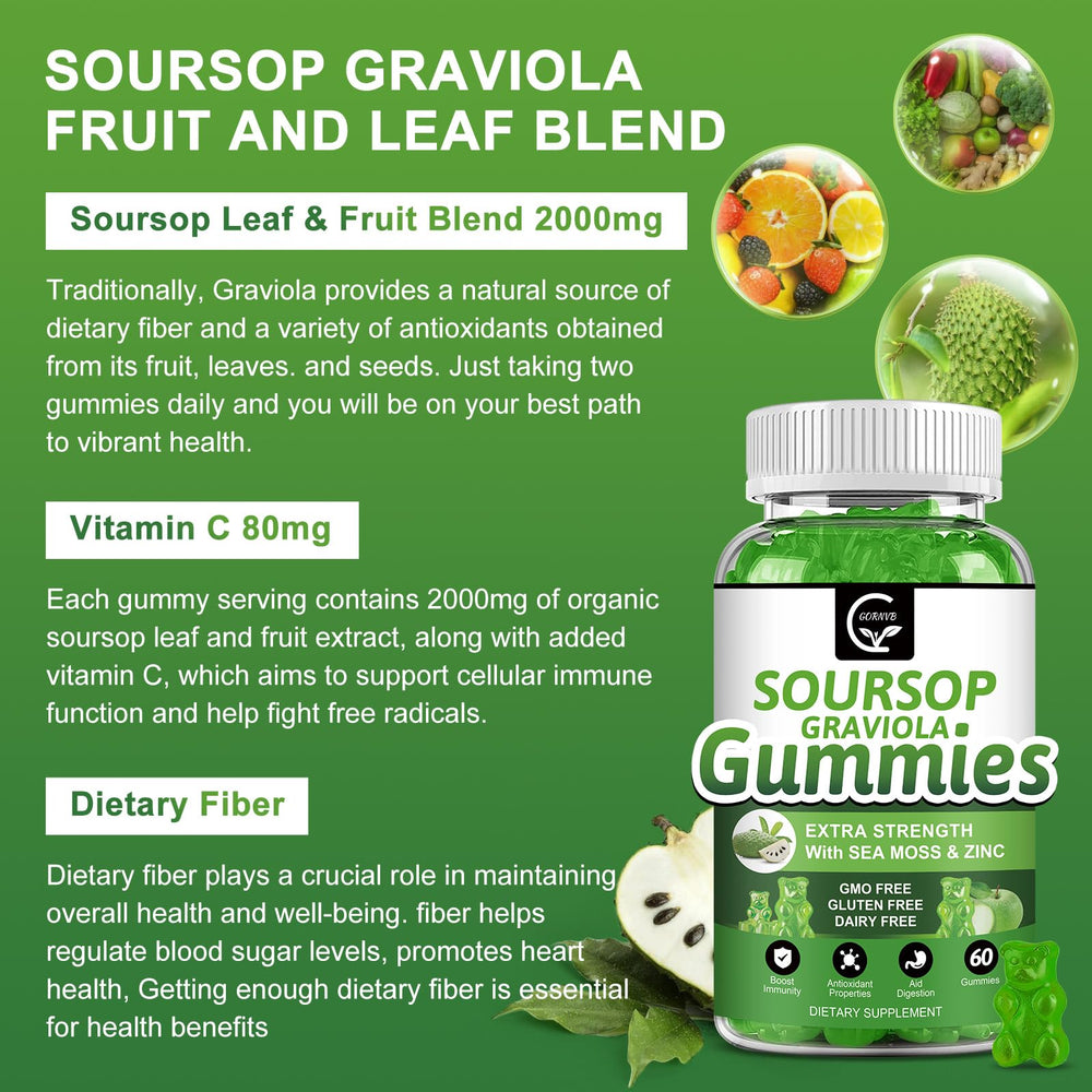 GORNVB Soursop Gummies candies close-up, tasty source of Vitamin C and zinc.