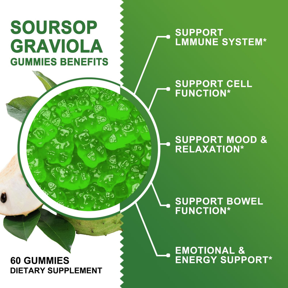 GORNVB Soursop Gummies ingredients chart, showcasing soursop leaves, sea moss, and zinc.