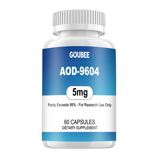 GOUBEE AOD-9604 5MG lyophilized capsules front view highlighting high-purity lab material.