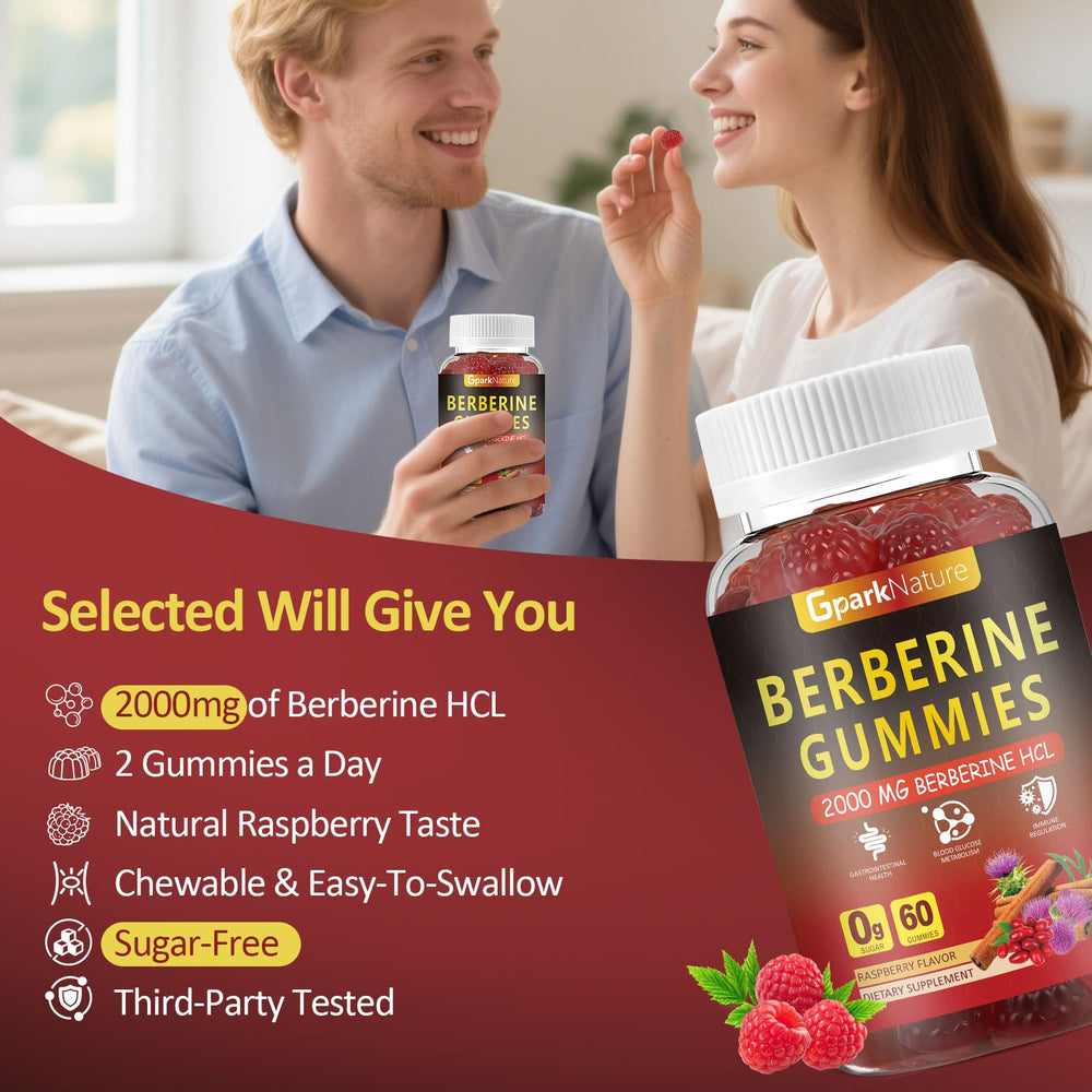 GparkNature Berberine Gummies serving count visuals emphasizing 2000 mg blend for energy management.