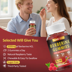 GparkNature Berberine Gummies serving count visuals emphasizing 2000 mg blend for energy management.