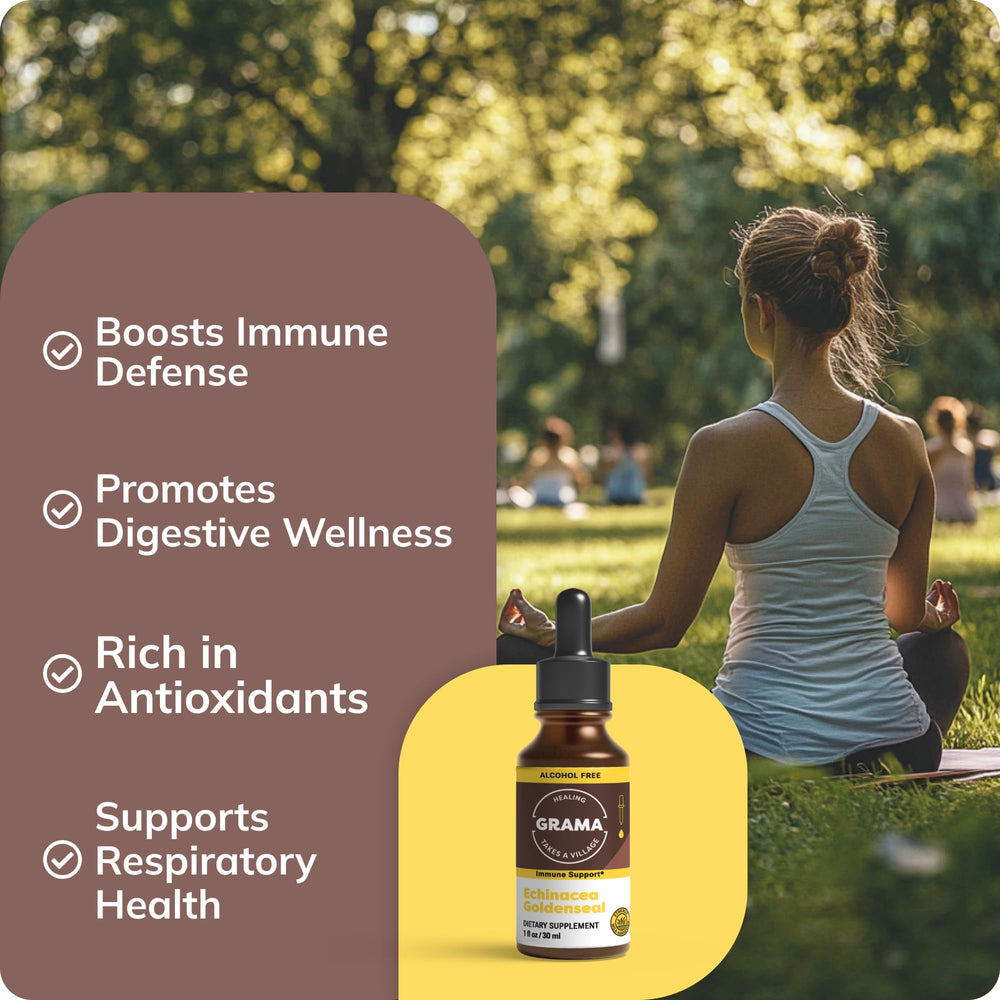 Close-up of Grama Wellness drops pouring into a glass for easy dosing.
