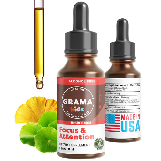 Grama Wellness Focus Drops bottle illustrating organic support for kids' focus and calm.