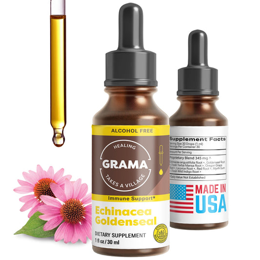Grama Wellness echinacea goldenseal tincture bottle for daily immune support.
