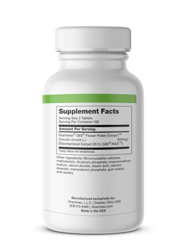 Graminex PollenAid capsules close-up demonstrates easy-to-swallow tablets.