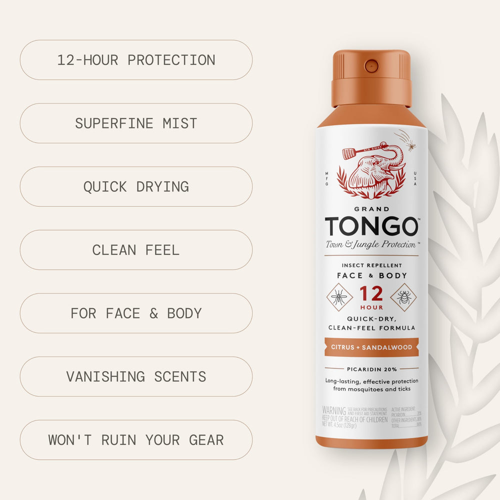 Grand Tongo Citrus and Sandalwood insect repellent 8-hour protection visual.