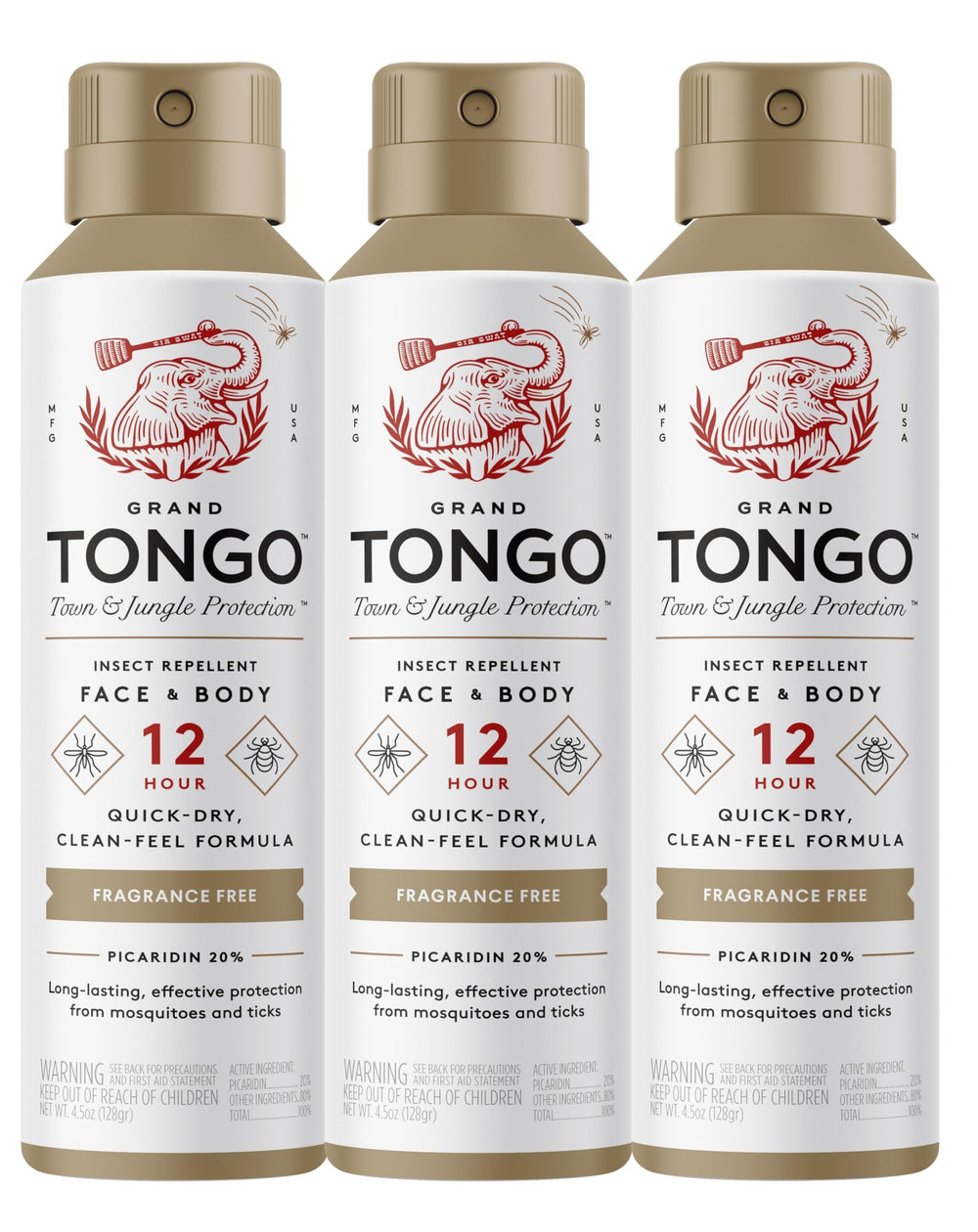 Grand Tongo fragrance-free insect repellent bottle shown for long-lasting outdoor protection.
