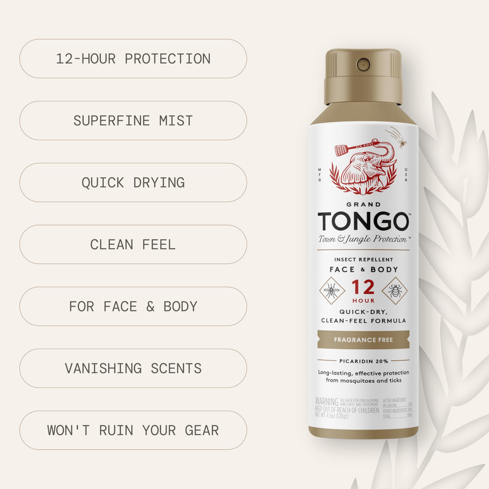 Grand Tongo fragrance-free insect repellent quick-drying formula on skin.