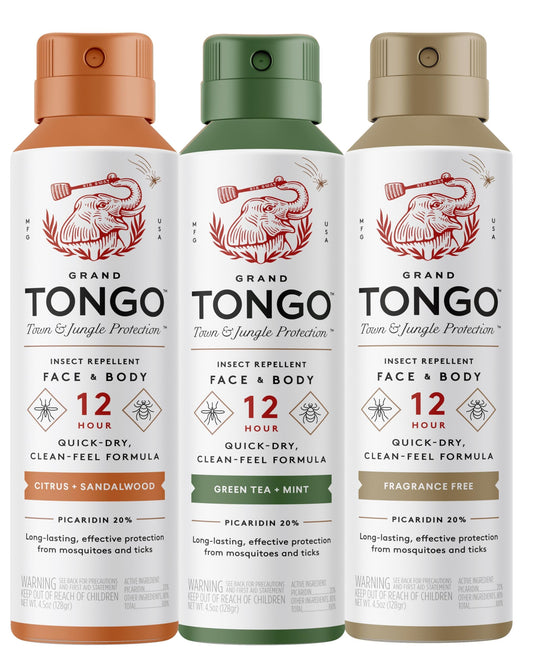 Grand Tongo insect repellent bottle showing 12-hour protection for mosquitoes and ticks.