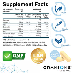 Granions seasonal comfort pills shown with pollen backdrop for seasonal balance.