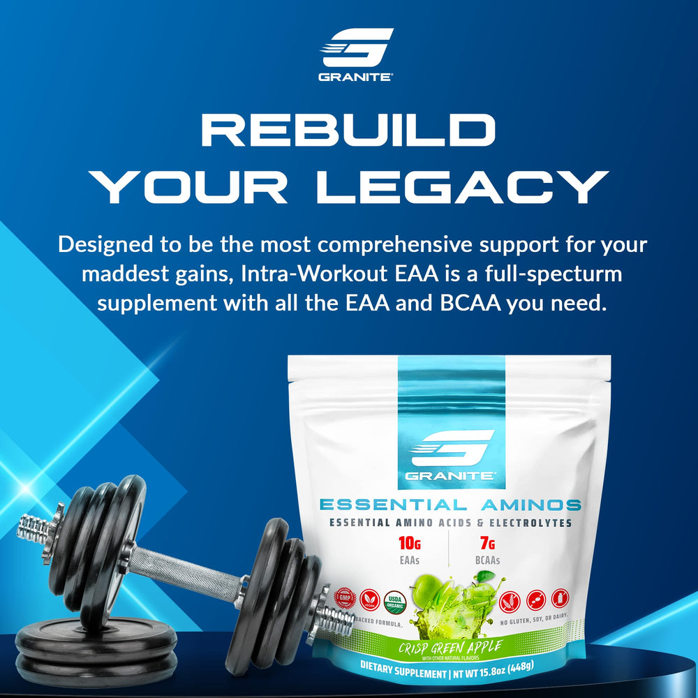 Granite Essential Amino Acids Green Apple Bottle showcases intra-workout support and hydration.