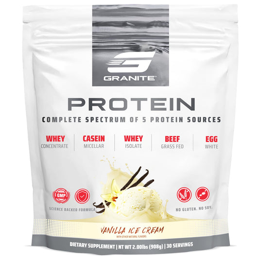 Granite Nutrition Protein Powder vanilla bottle promotes lean muscle support during workouts