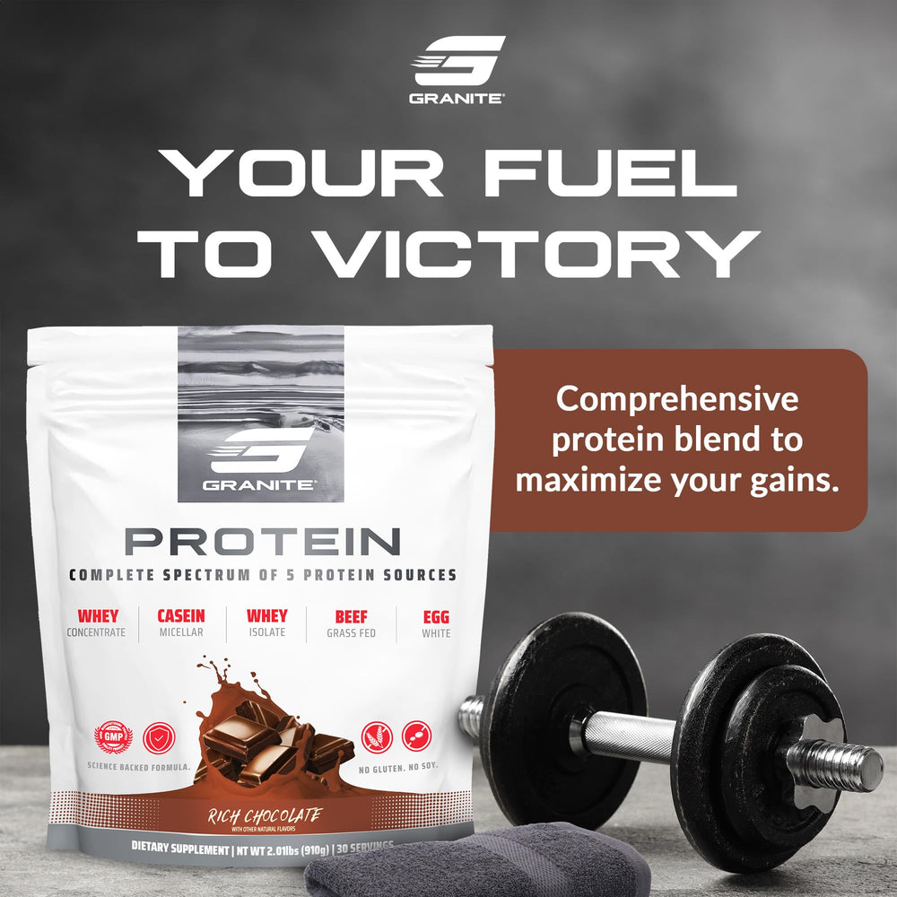 Granite Supplements nutrition label highlights 23 g protein per serving with low sugar.