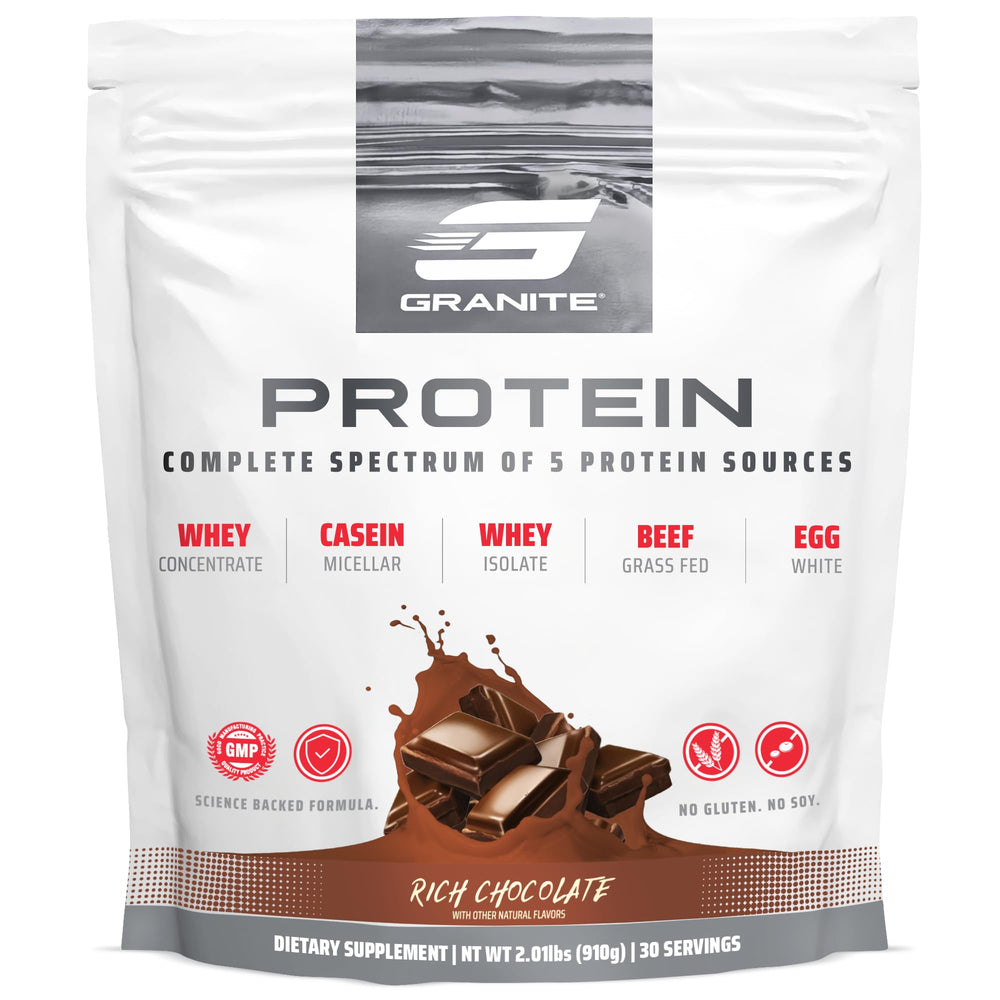 Granite Supplements protein powder front view shows premium multi-source blend for lean muscle.