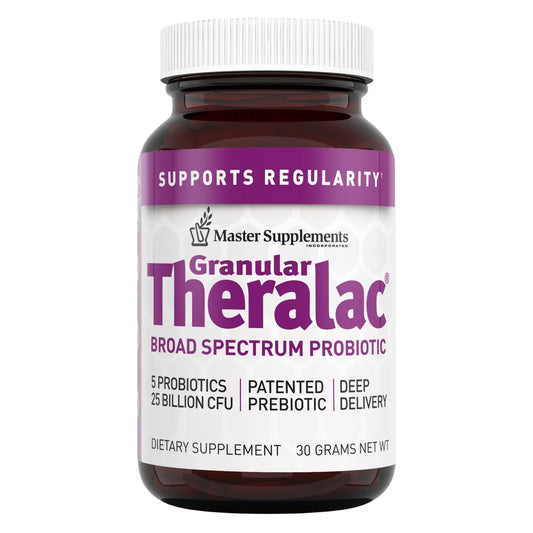 Granular Theralac powder bottle showing multi-strain probiotic formula for gut health.