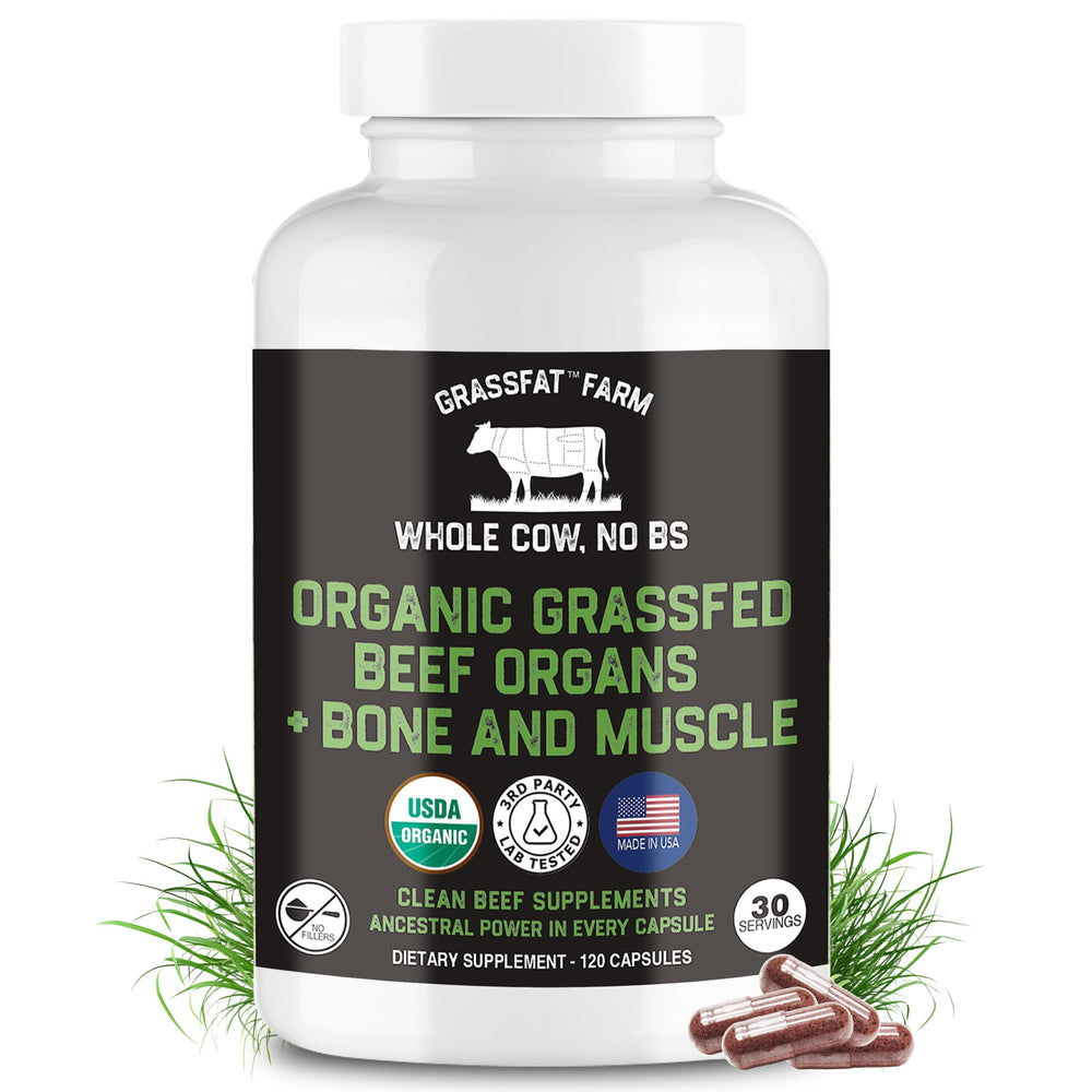 Grassfat Farm bottle label with USDA Organic seal highlighting clean, whole-food beef organ nutrition.
