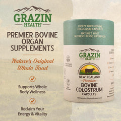 GRAZIN HEALTH colostrum capsules close-up for convenient daily use.